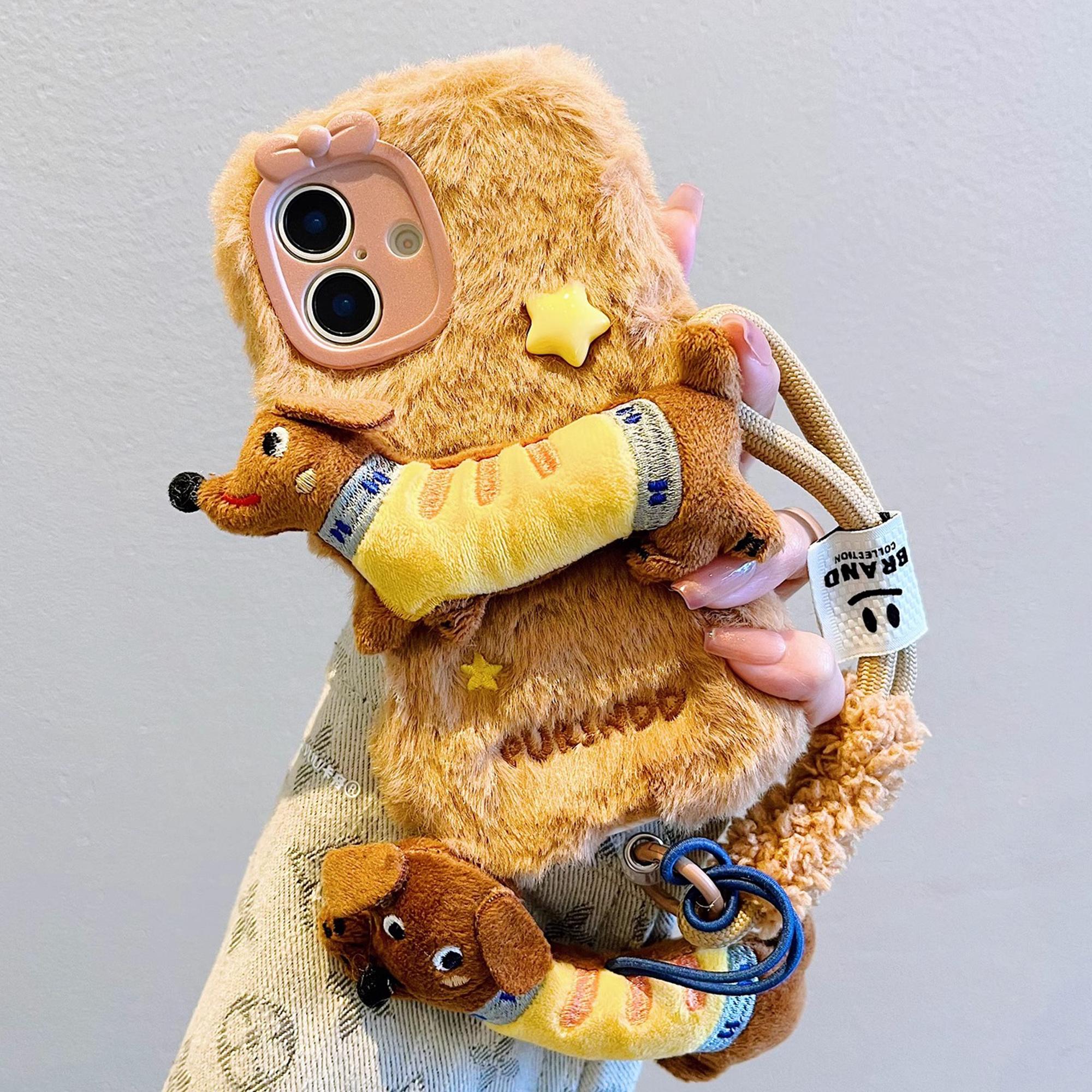 

Мультяшный милый плюшевый чехол для телефона с таксой и шнурком для iPhone 16 Pro Max For iPhone 13