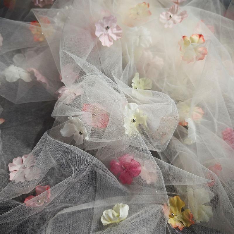 Fantasy Flower Tulle Veil Fabric Background Decoration Wedding Dress Children's Clothing 3D Flower Mesh Fabric 100x150cm