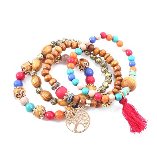 4Pcs Unisex Fashion Wooden Beads Tassel Strand Bangle Bracelet Jewelry Gift