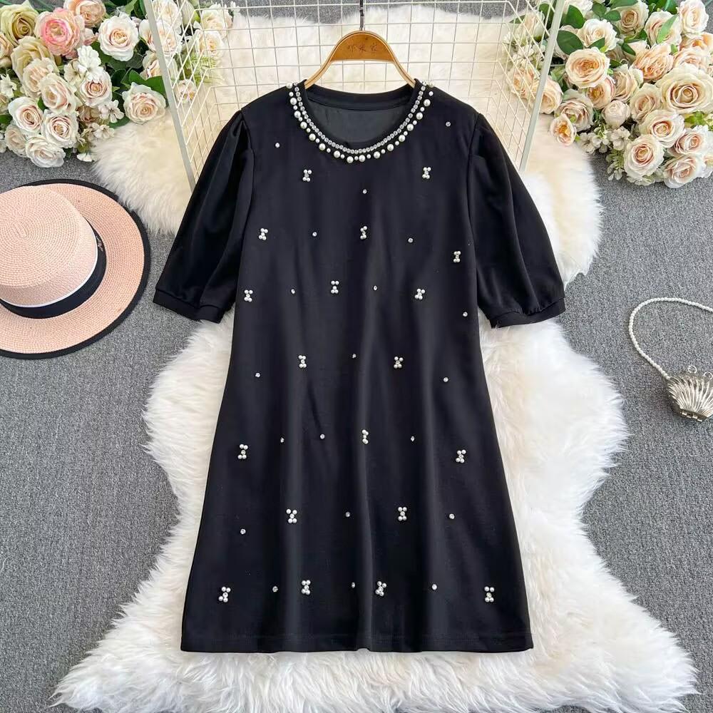 Summer Women Luxury Beading Pearl Black Half Sleeve Mini Short Straight Casual Dresses