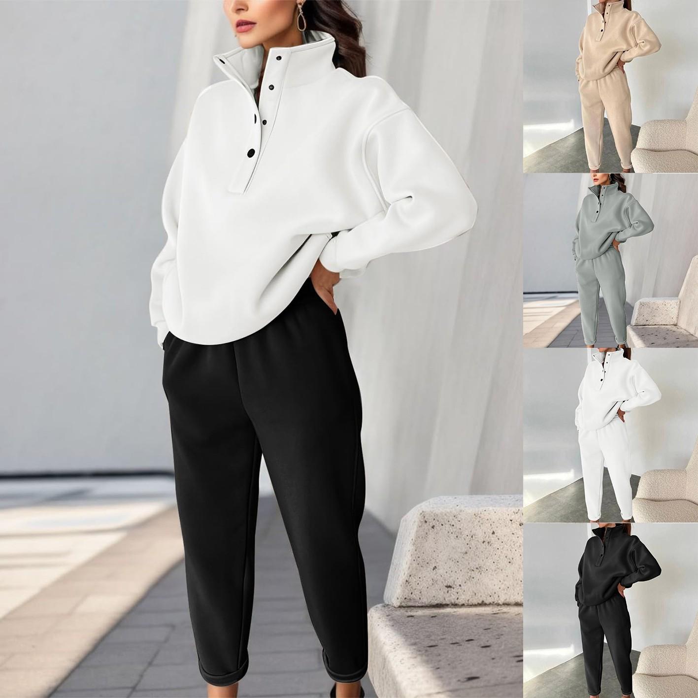 

Женский осенне-зимний свитер с длинным рукавом, однотонный свитер с пуговицами и воротником-стойкой, спортивный комплект из двух частей L бежевый