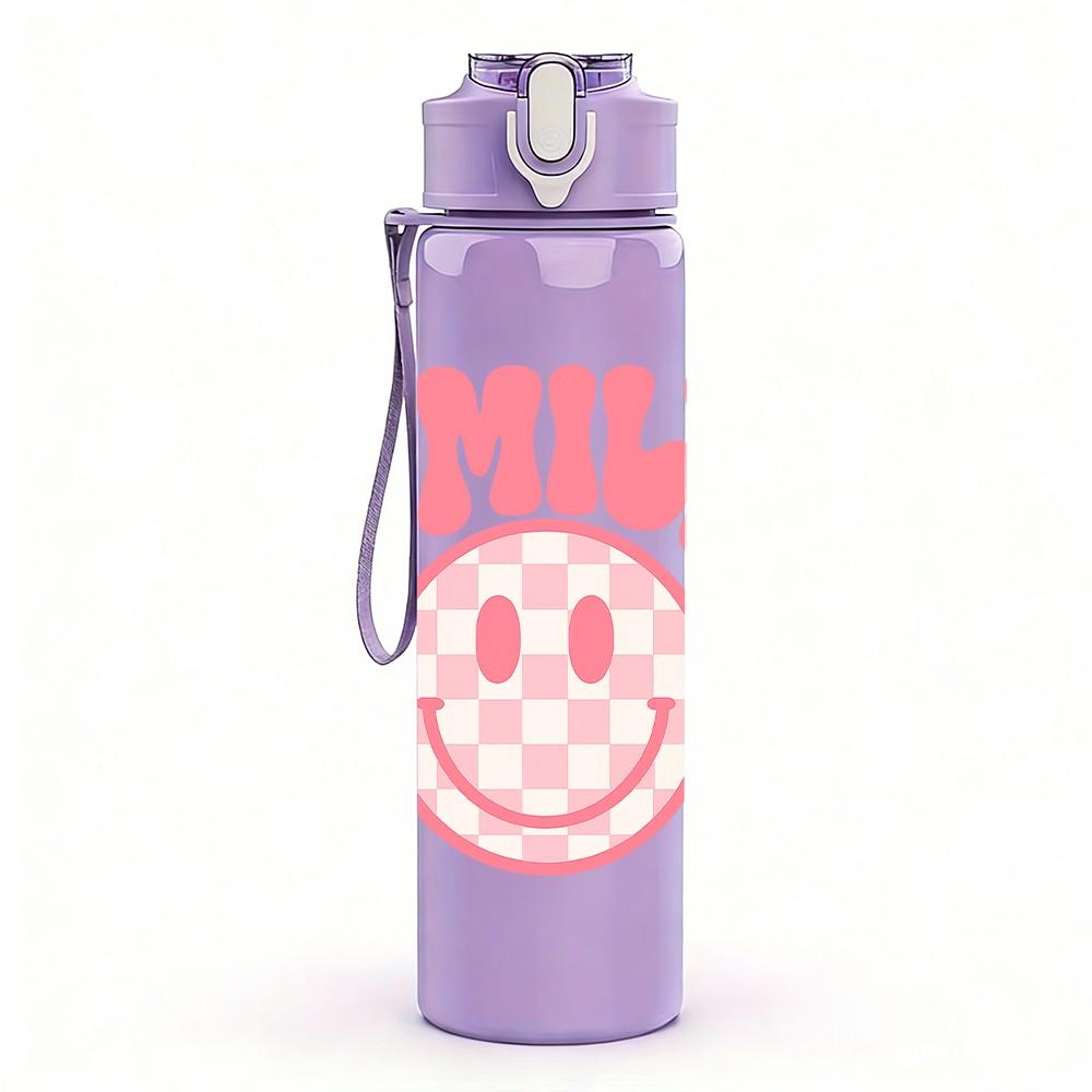 1PC Checkered Smile SMILE Letter 750ml Color Plastic Sports Water Bottle Leakproof Flip Straw Lid Suitable for Sports Office Home Use