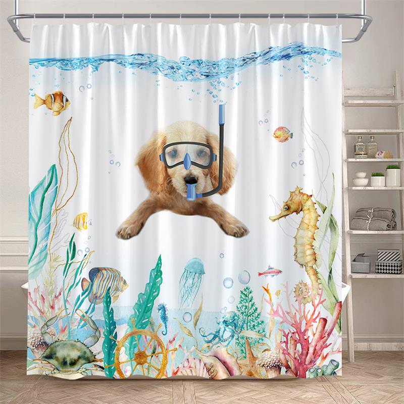 Funny Diving Cat Shower Curtain Whale Sea Turtle Seahorse Fish Coral Ocean Animals Underwater Scenery Children Bathroom Decor