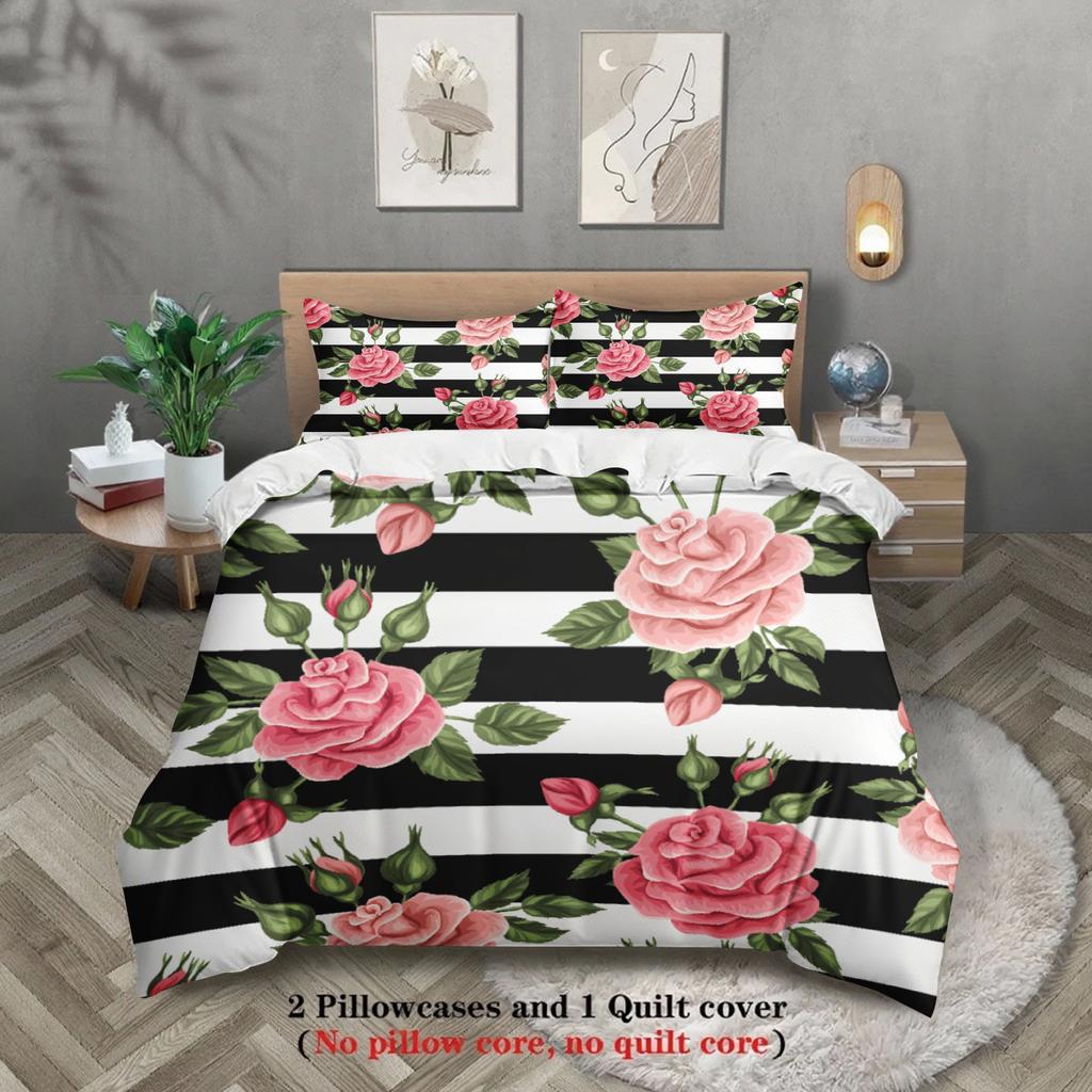 3pcs Rose Flower Bedding Sets 3D Printed Red Roses Black White Stripes Duvet Cover Sets With Pillowcases No Filling