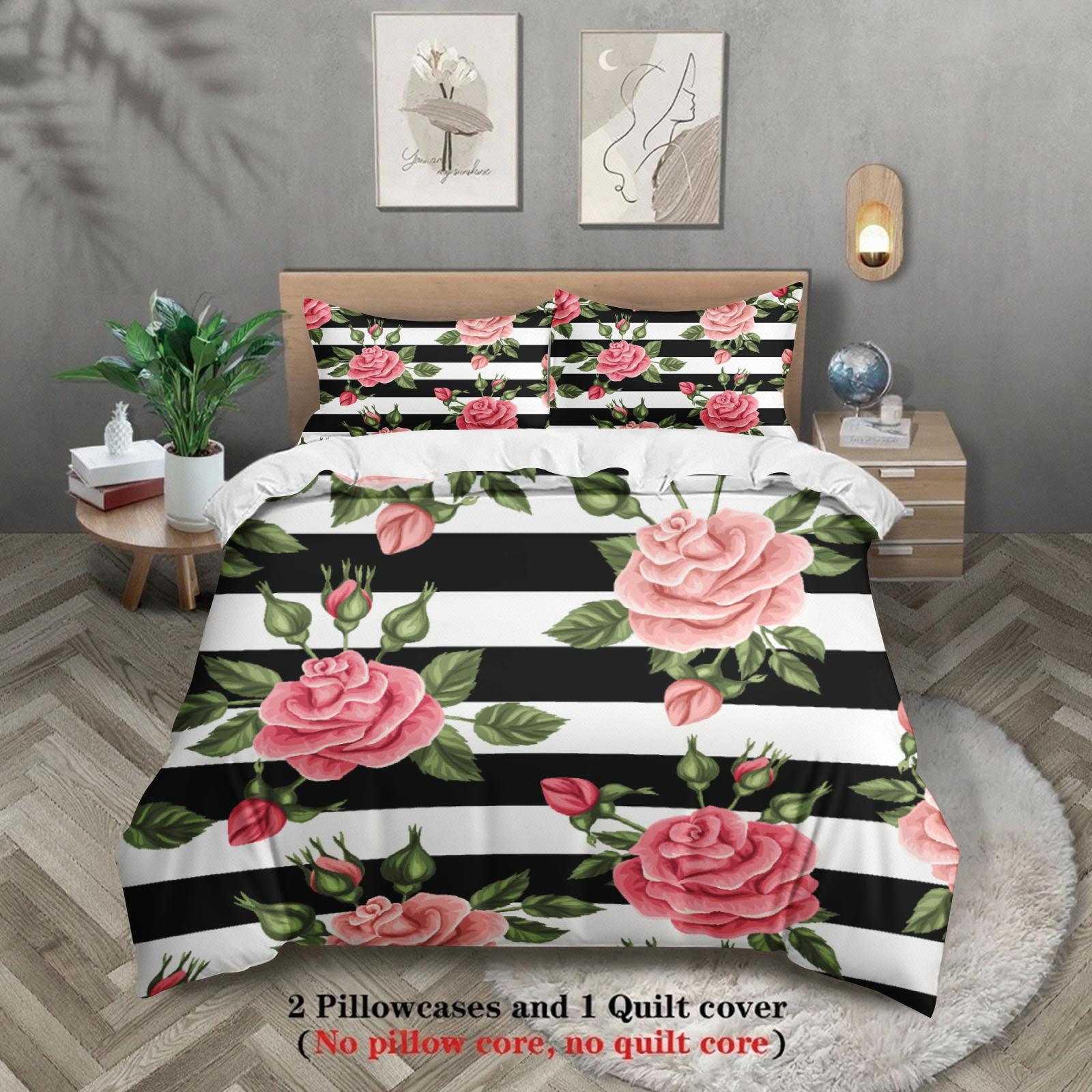 

3pcs Rose Flower Bedding Sets 3D Printed Red Roses Black White Stripes Duvet Cover Sets With Pillowcases No Filling EU Twin(135x200cm)