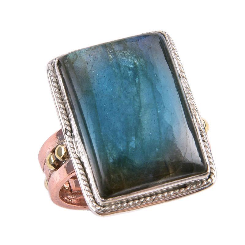 Natural Labradorite Gemstone Handmade 925 Sterling Silver Two Tone Ring S.9 K6b46