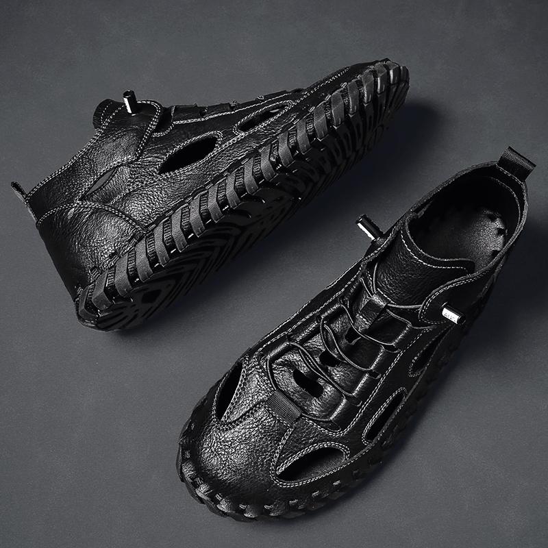 Fashion Leisure Anti-collision Toe Sandals Men High Top Leather Roman Sandals Fashion Men's Beach Flats Quick Dry Male Wading Aqua Shoes