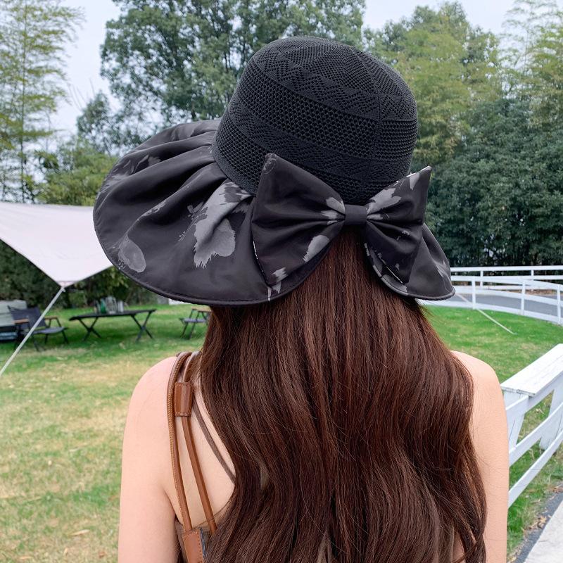 Spring and Summer Grid-like Breathable and Not Stuffy Hat Women's Large Brim Sunshade Sunscreen Hat Fashion Bow Sun Hat