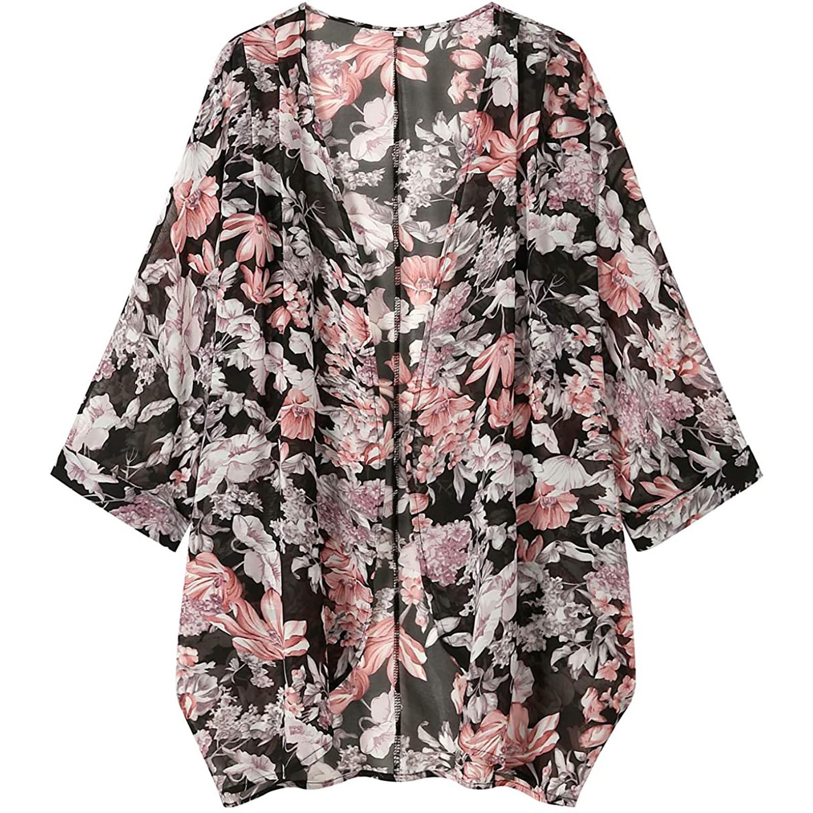 

Женский прозрачный шифоновый свободный кардиган-кимоно с цветочным принтом, накидки, солнце M красный