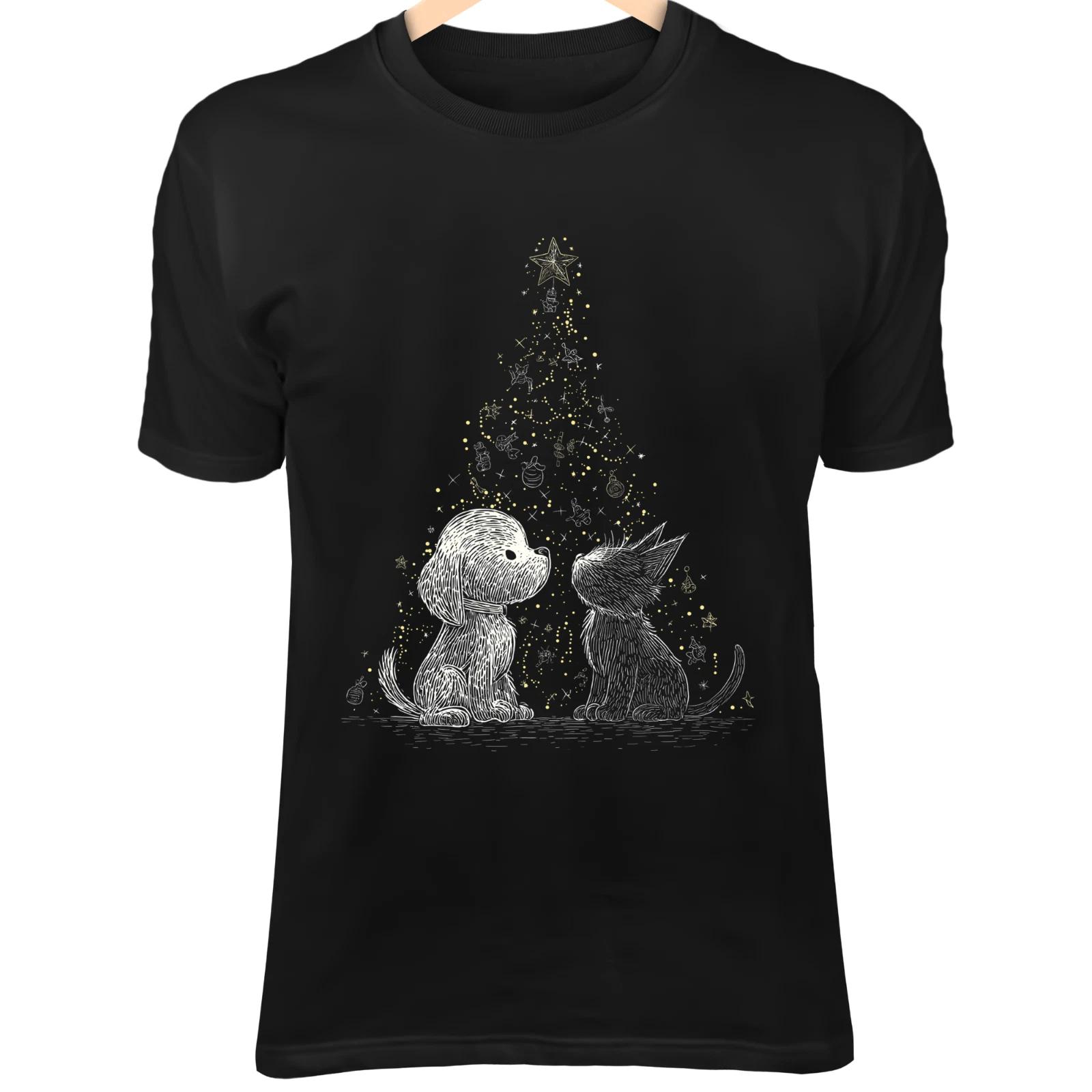 Christmas Dog & Cat Line Art - Cute Minimalist Cartoon Decorating Glowing Tree 3XL