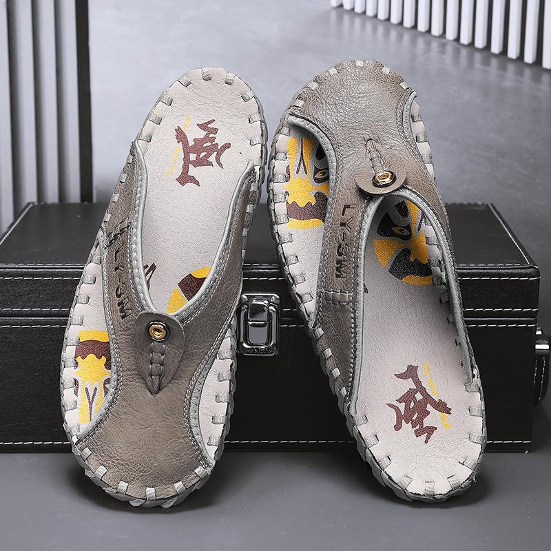 Men Foreskin Herringbone Slippers PU Hand Sewn Flat Bottomed Anti-collision Toe Comfortable Outdoor Beach Sandals