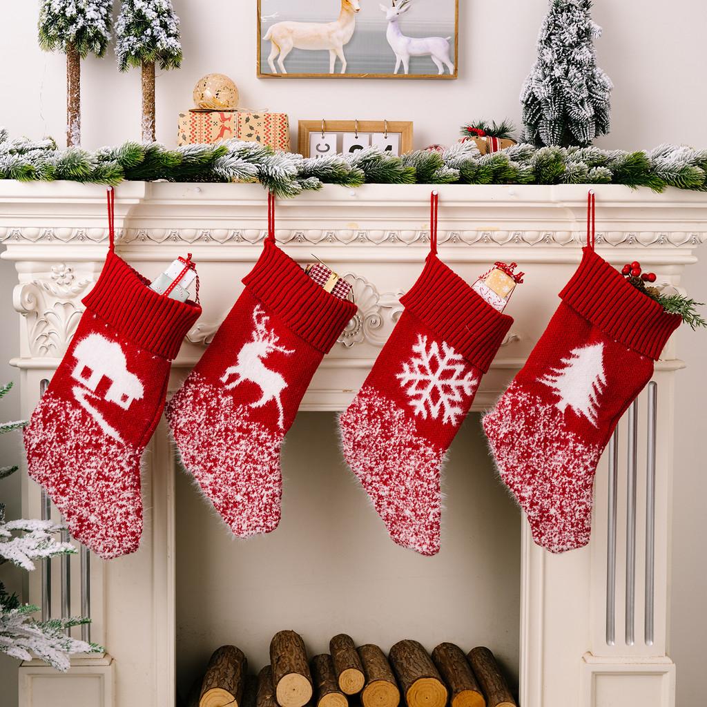 Beautiful Knitted Red Christmas Stockings With Festive Snowflakes For Gift Kids