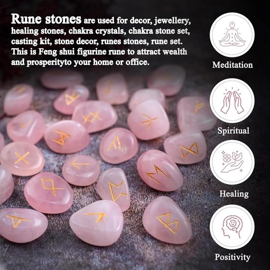 Crocon Rose Quartz Gemstone Rune Stone with Elder Futhark Alphabet Engraved Symbol 25 pcs Set for Feng Shui Reiki Crystal Healing Chakra Balancing