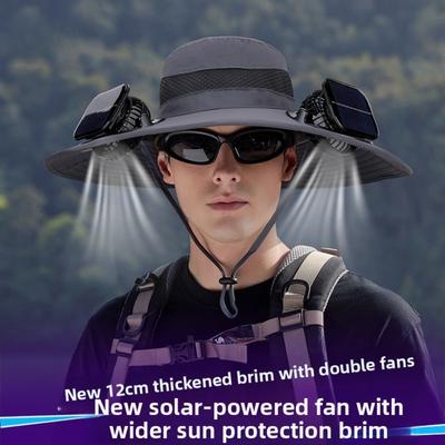 Men Solar Powered Dual Fan Hat, Summer Outdoor Mountaineering Fishing Sun Hat, Wide Brim Breathable UV Protection Fisherman Cap