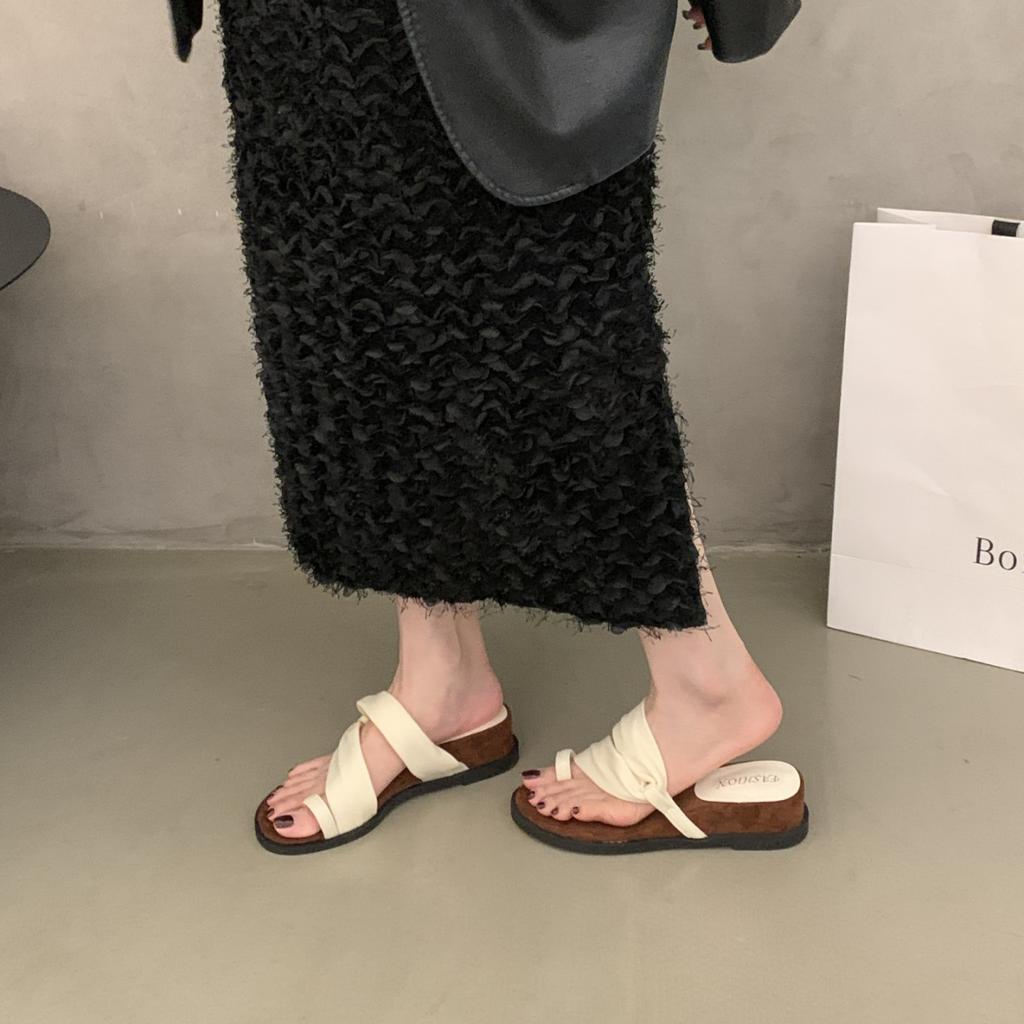 Soft Leather Version~ French Retro Fairy Style Vacation with Skirt Cool Slippers Female Round Head with Simple Roman Shoes