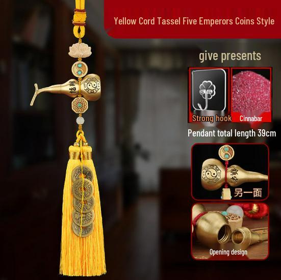 Brass Five Emperors Coins with Copper Gourd for Happiness, Prosperity, and Health - Auspicious Knot for Front Door or Bedroom