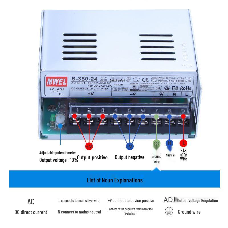 Mingwei 12V/24V/36V/48V Switching Power Supply Box: 220V To DC Transformer Module, 5A/10A/20A