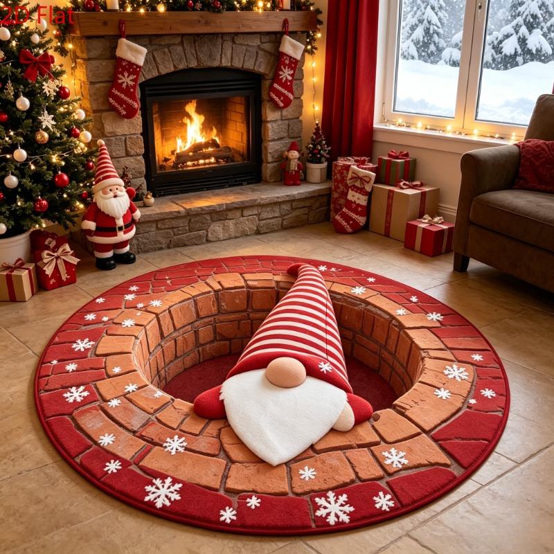 Flannel Area Carpet 3D Illusion Santa Spiral Staircase Presents Rug Soft Fluffy Cozy Christmas Village Floor Cushion