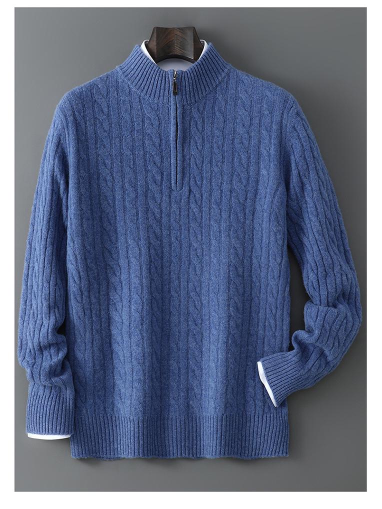 Men's Pure Wool Half-High Collar Cable Knit Zipper Sweater - Thick & Loose for Autumn/Winter