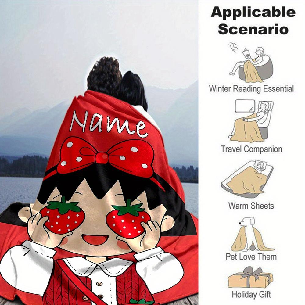 Chibi Marukochan Strawberry Girl Red Bow Cartoon Print Blanket Personalized Name Soft Lightweight And Versatile For Sofa Bed Picnic Office Car Travel