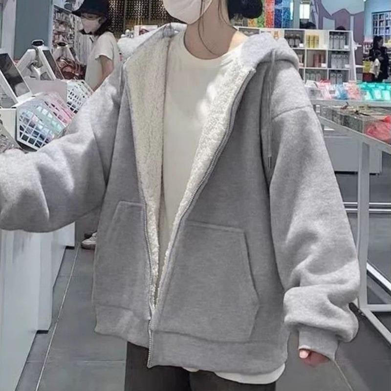 Purple Lamb Wool Zip-Up Thickened Hooded Sweatshirt Jacket Autumn Winter Cardigan