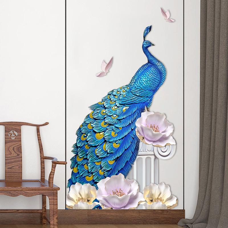 Nuovo Adesivo da Parete Pavone Blu e Peonia per Camera da Letto Soggiorno Corridoio Decorazione Murale per la Casa