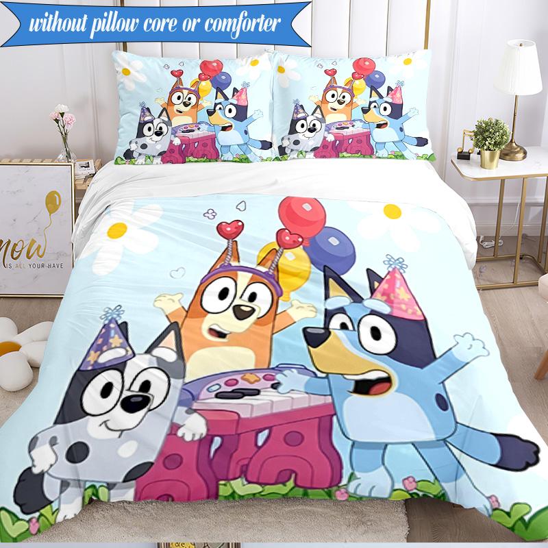 3PCS Bluey Friends Adventure Bedding Set 2D Printing (Includes 1 Duvet Cover + 2 Pillowcases Coreless), Bedroom decor,Fan Gift