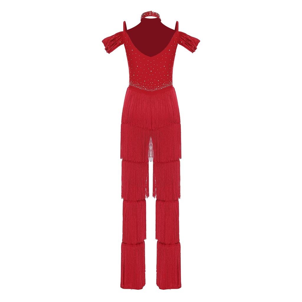 Damen Latein-Tanzparty Jumpsuit S-XXL: Halter Off-Shoulder rückenfreie Strampler mit Strasssteinen, mehrstufigen Quasten für Samba, Rumba, Gesellschaftstanz