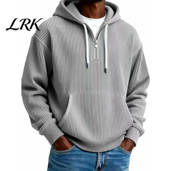 Mens Casual Quarter Zip Sweatshirt Men Hooded Sweatshirt, Zipper Long Sleeve Pullover Hoodie, Modern Minimalist Apparel Corduroy with Kangaroo Pocket M серый