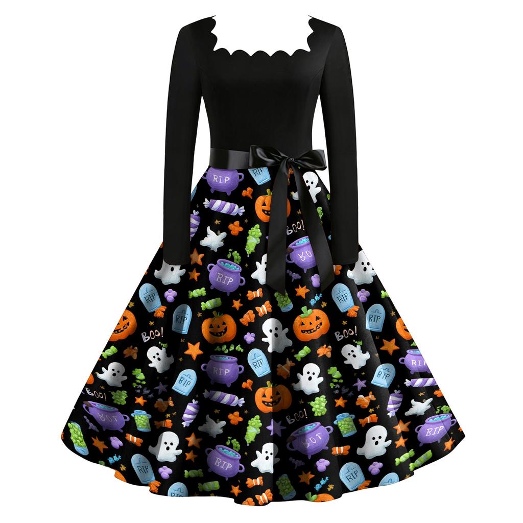 Women Vintage Long Sleeve Square Neck Halloween Printed Party Dress Retro Full Skirt Mid-Calf Length Elegant Fit and Flare Dress