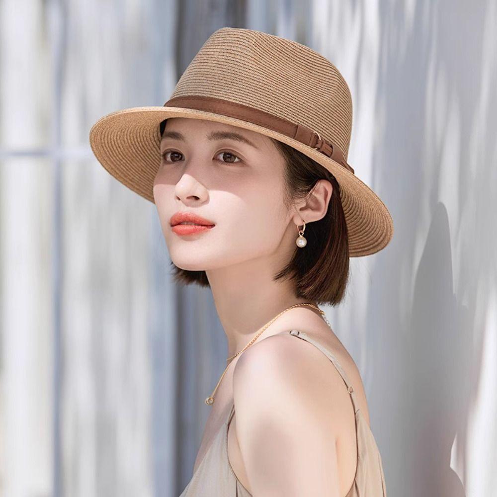 Zealous Sole Women's White Summer Straw Woven Hat Wide Brim Uv Protection Beach Panama Hat Soft Breathable Fedora Sun Hat