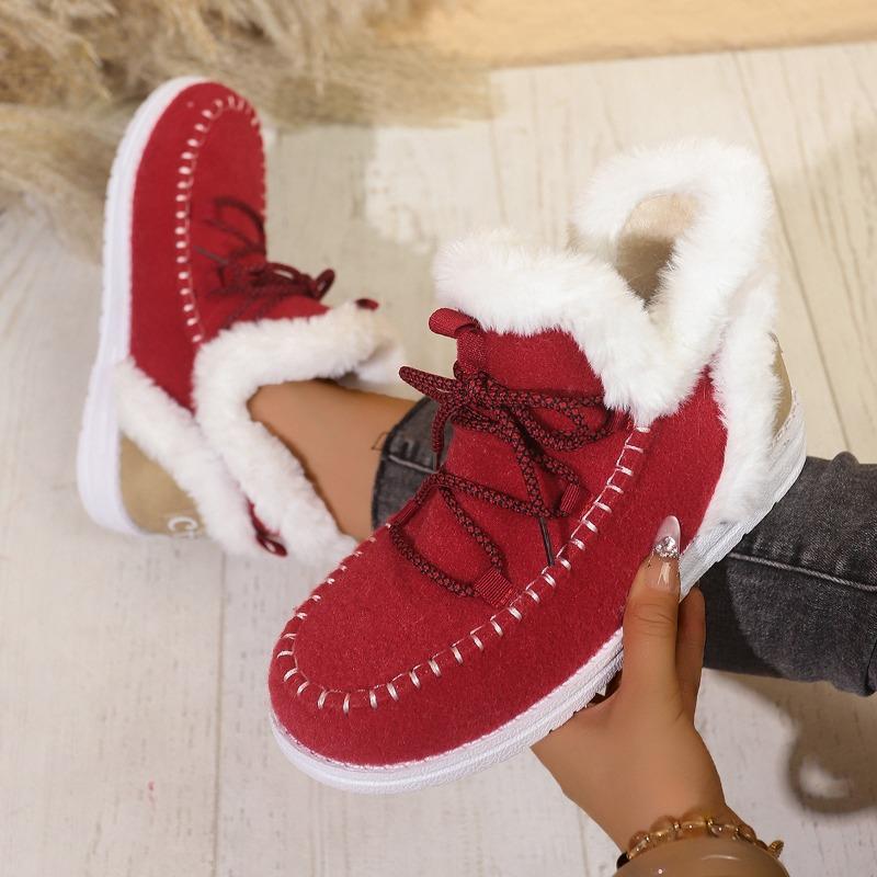 Herbst und Winter neue große Größe flacher Absatz runde Spitze flauschige Baumwollschuhe zum Schnüren Fleece thermisch lässige Damen Schneestiefel Damen