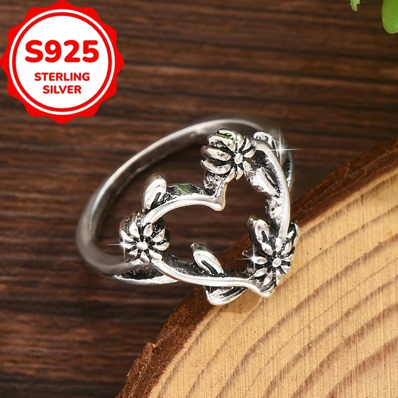 Fashion S925 Sterling Silver Antique Silver Heart-shaped Carved Flower Ring for Women Wedding Engagement  Gift