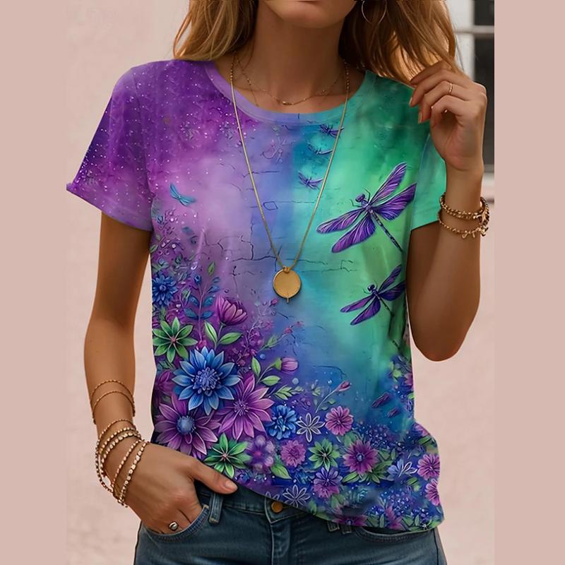 Boho Ethnic Dragonfly Print Women T-shirt Vintage Mandala Pattern O-Neck Short Sleeve Casual Tops 2026 Summer Fashion Patchwork