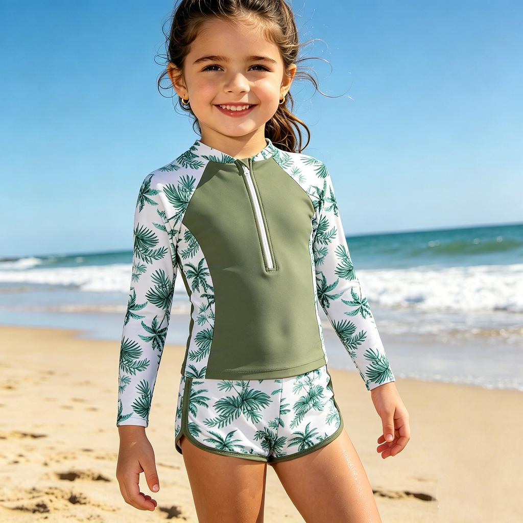 Dívčí Rash Guard Plavky Set Dlouhý Rukáv Zip Vpředu Horní Díl s Tropickým Potiskem a Pasové Plavky Dvoudílné Plavky pro Děti