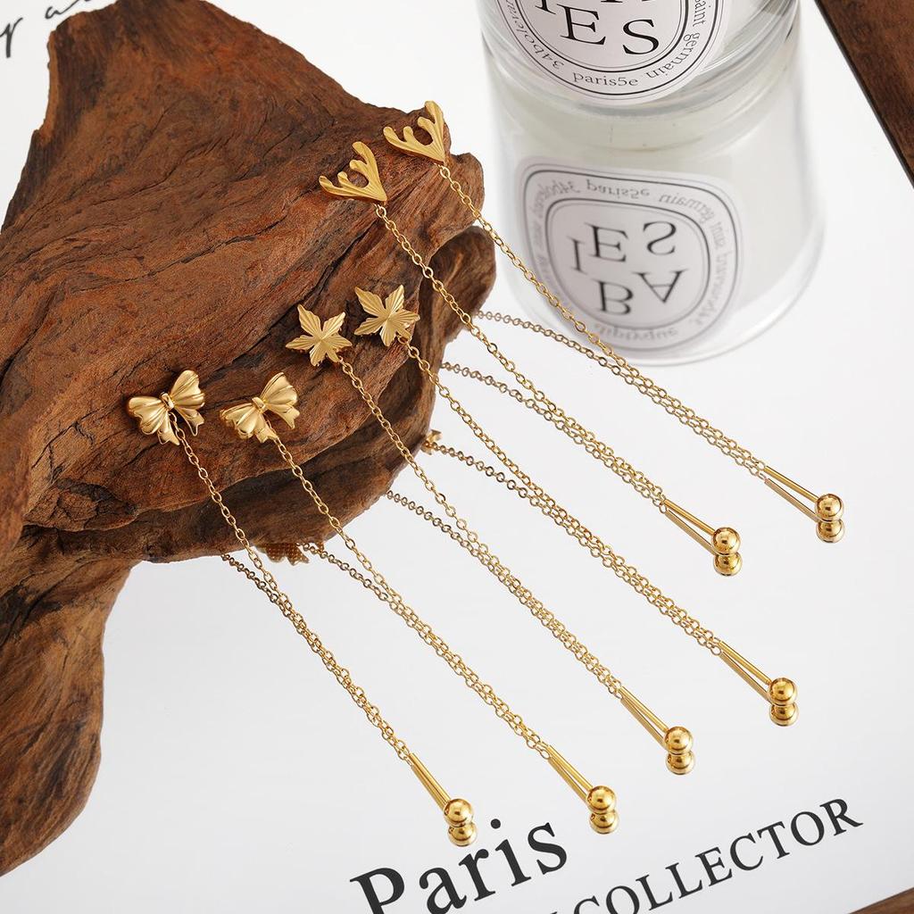 Korean Bow Earrings: Stylish Gold-Plated Titanium Steel with Floral Design