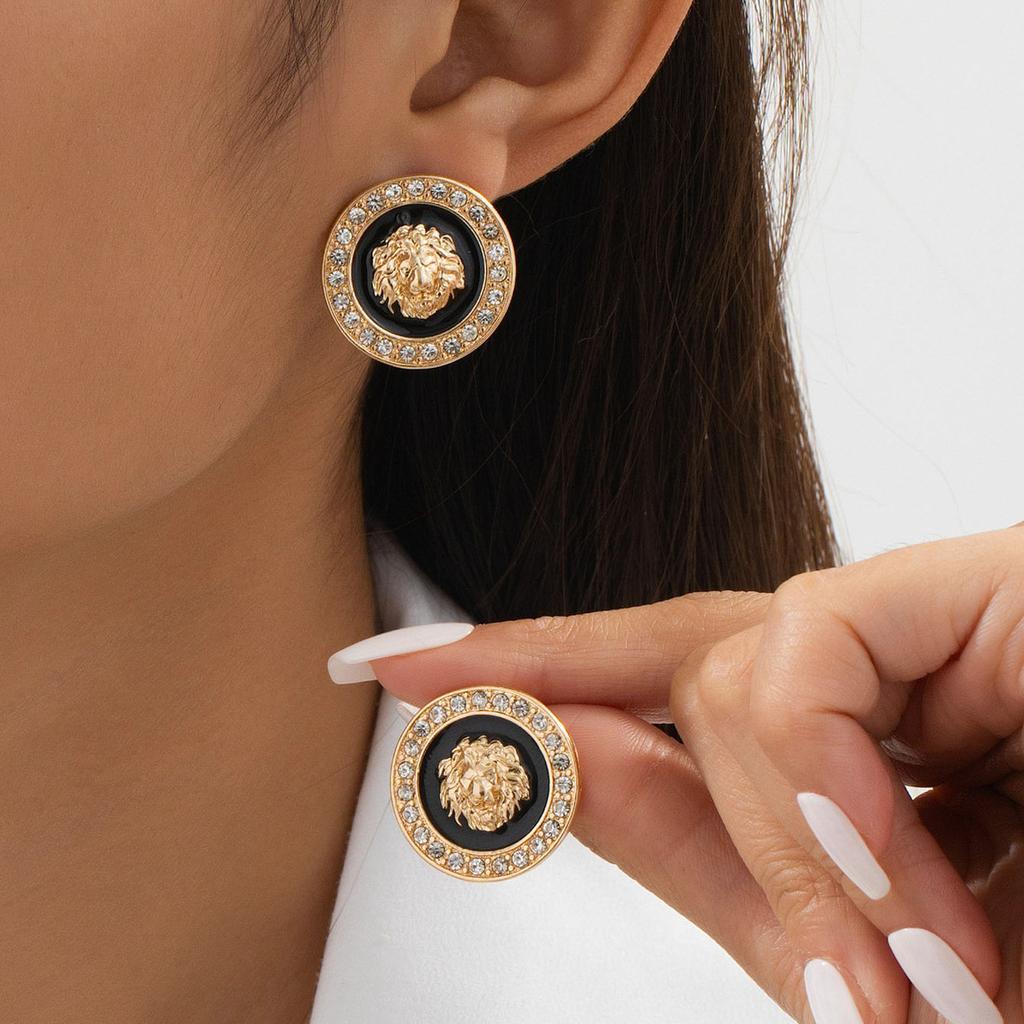 Trendy Lion Head Diamond Pendant Necklace Bracelet Stud Earrings Trendy Personality Jewelry Set