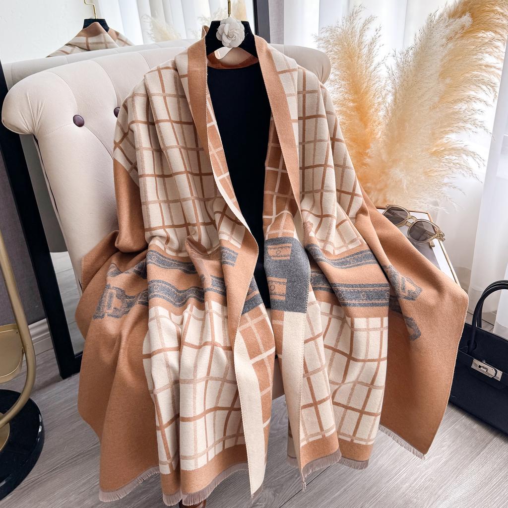 Luxury Women's Thick Faux Cashmere Scarf - Winter Warm Vintage Plaid & Warhorse Print Soft Shawl for Travel & Daily Wear