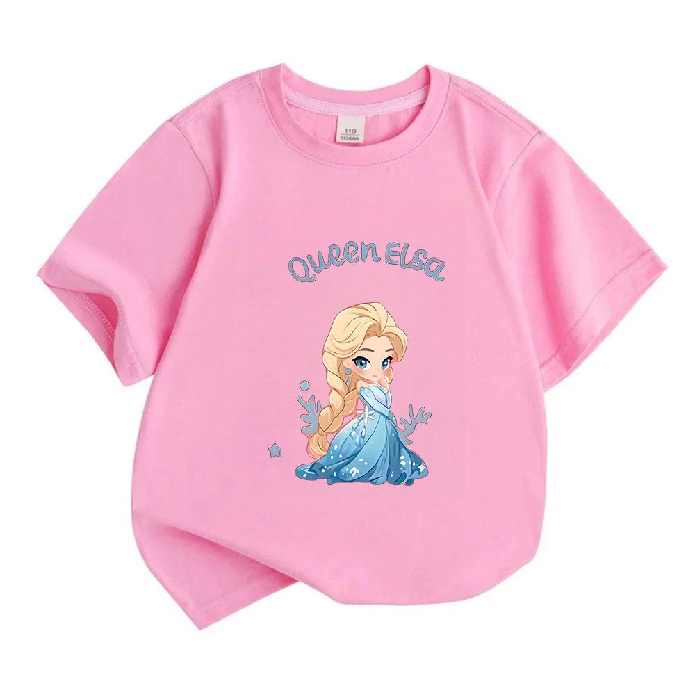 Kids Girls Boys Cute Queen Elsa Cartoon Print T Shirt 100% Cotton O-Neck Short Sleeve Casual Summer Tee Tops Soft Breathable Lightweight Warm Child To