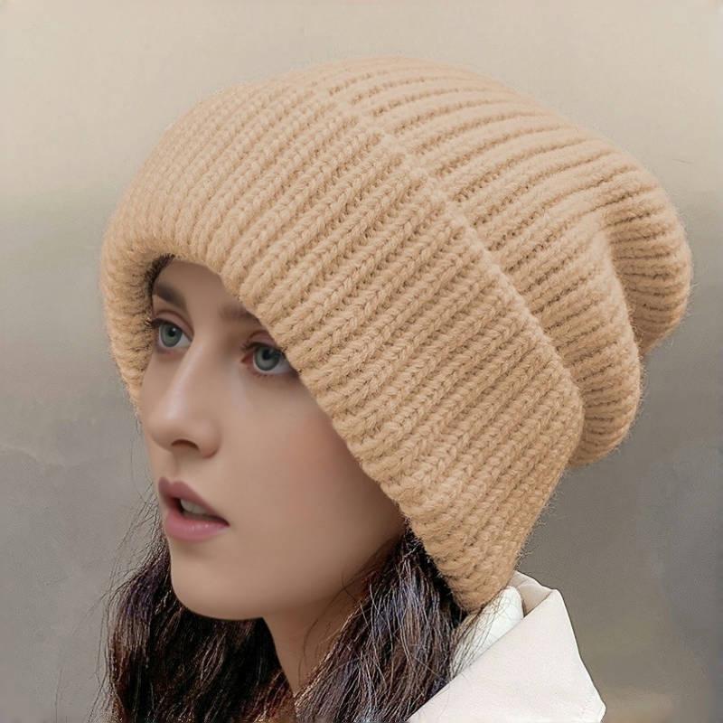 Women's Large Head Circumference Knitted Wool Hat - Versatile, Warm, Slouchy, Solid Color Korean Style for Autumn and Winter