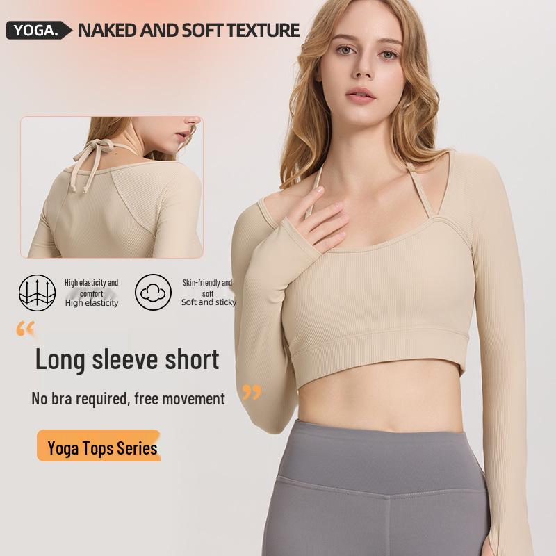 Women's Ribbed Halter Neck Yoga Top with Long Sleeves and Pads - High Elastic Cropped Fitness Top for Autumn/Winter