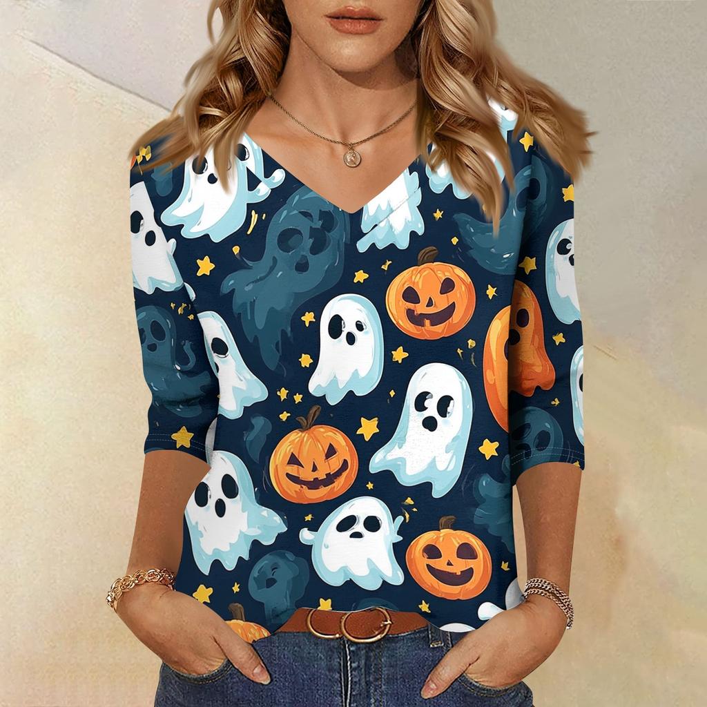Womens Halloween Print V Neck Top Three Quarter Sleeve Casual Shirt Lightweight Soft Fabric Relaxed Fit Comfortable Everyday Wear
