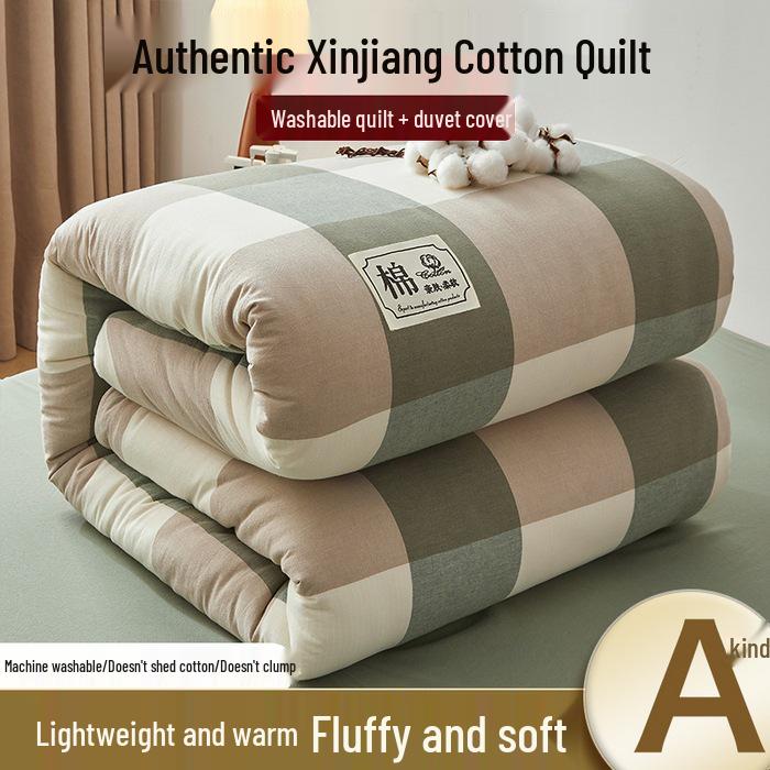 Washable Xinjiang Cotton Plaid Quilt for Students - Removable Cover & Pad