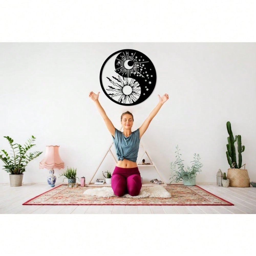 Yin Yang Sonne Mond Sterne Himmlische Metall-Wandkunst, Boho Meditationsdeko, Spirituelles Geschenk