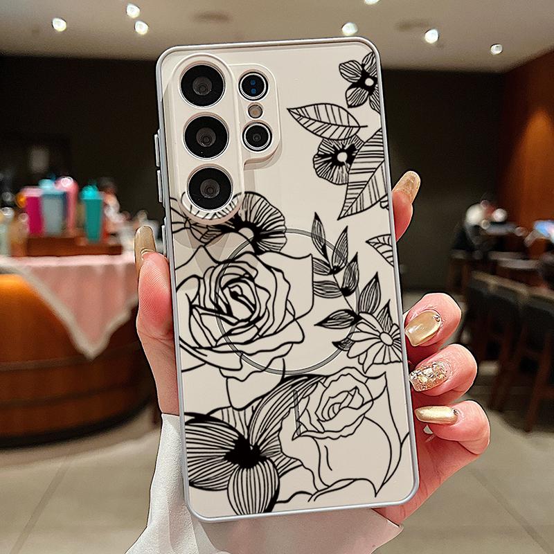 Magnetic For Magsafe Case For Samsung Galaxy S26 Ultra S25 Edge S24 Plus S23 FE S22 A54 A55 A56 5G Line Rose Flowers Leaves Pattern Matte Cover