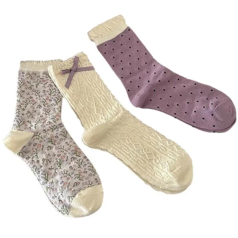 1/3 Purple Floral Socks Children's Middle Socks Autumn Cute White Bow Middle Socks Sweet Retro Lace Socks