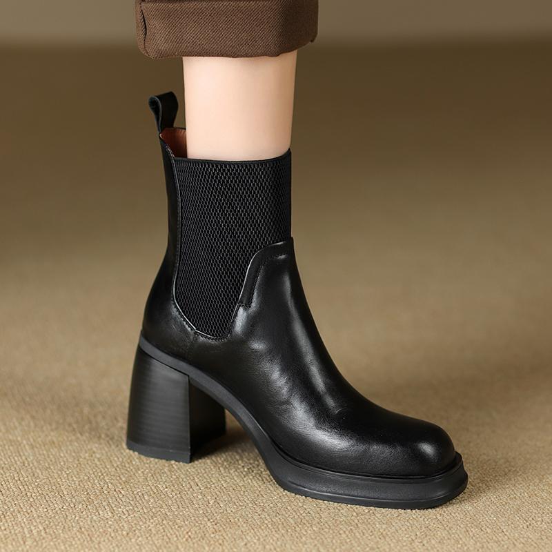 Genuine Leather Retro Round Toe Elastic BandThick-Soled High Heel 2025 New Black Short Boots Woman Chelsea Shoes Ankle Boots