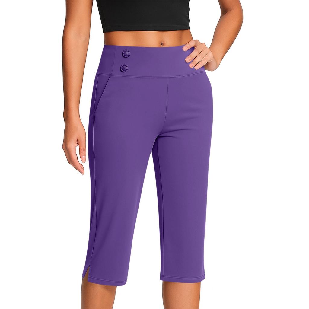 Női Divatos Egyszínű Gombos Zsebes Nadrág Oldalhasítékkal Magas Derékkal Sport Jóga Alkalmi Rövidített Nadrág