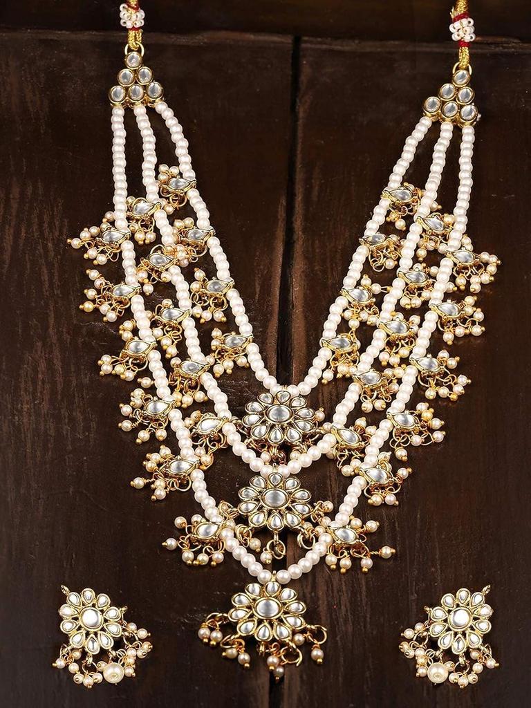 Ethnic Kundan & Pearl Multi Tier Bridal Necklace Set for Women
