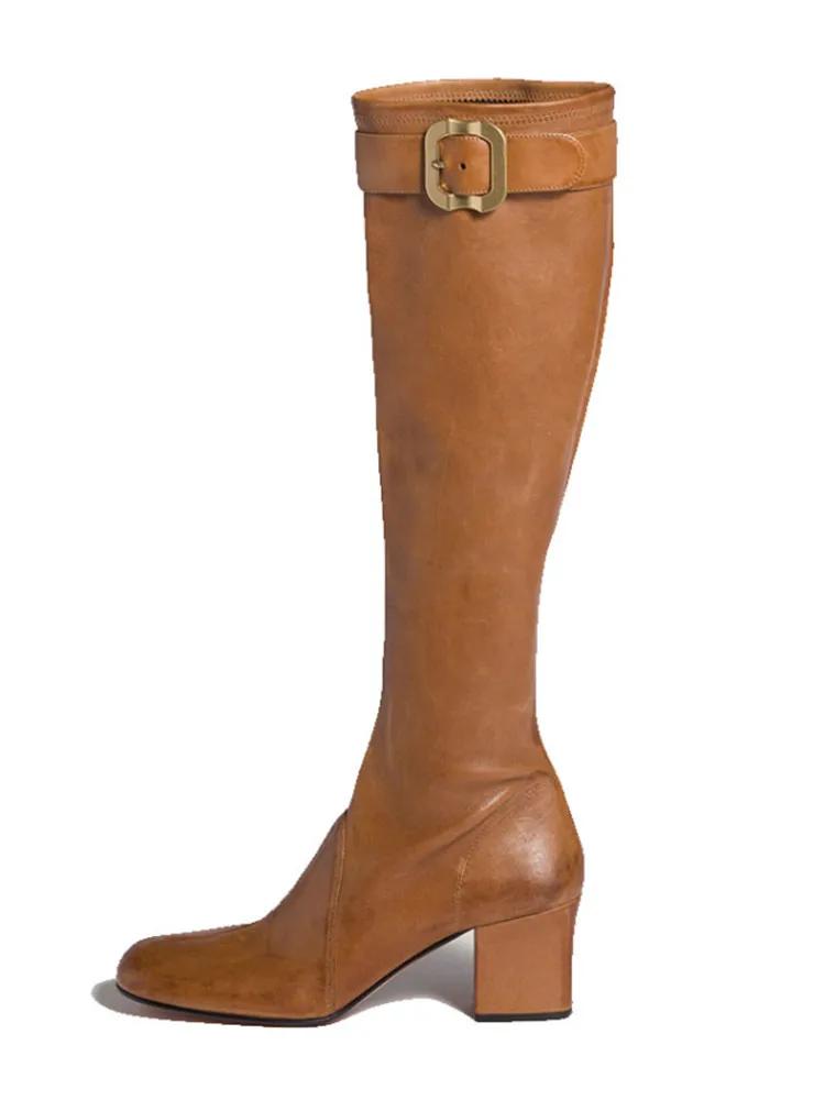 

New Women Thick High top Heels Knee Autumn And Winter Round Toe Gold Buckle Fashion Mid Heel Short for Adult Women 35